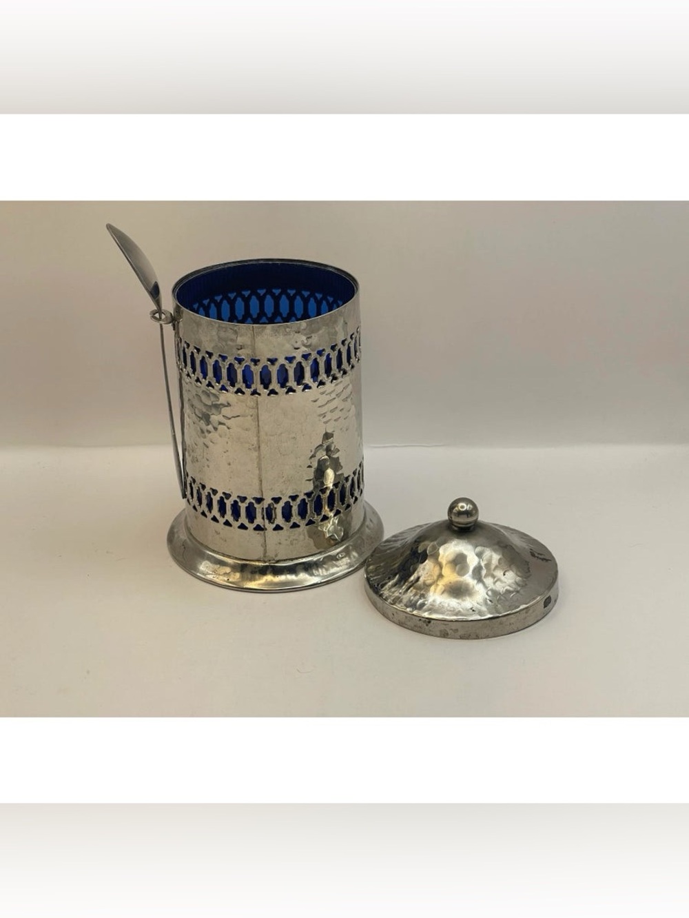 Hammered Silver Coffee Canister with Cobalt Blue Insets - Picture 10 of 12